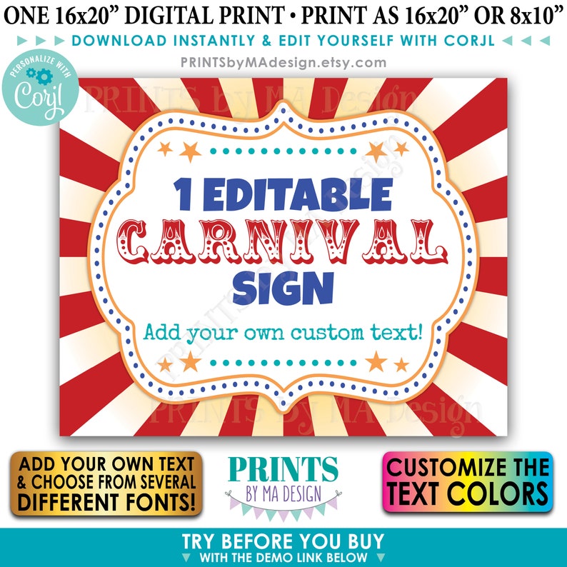 Custom Carnival Sign, Carnival Theme Party Sign, Circus Birthday Party, One PRINTABLE 8x10/16x20 Sign Edit Text Yourself w/Corjl image 1