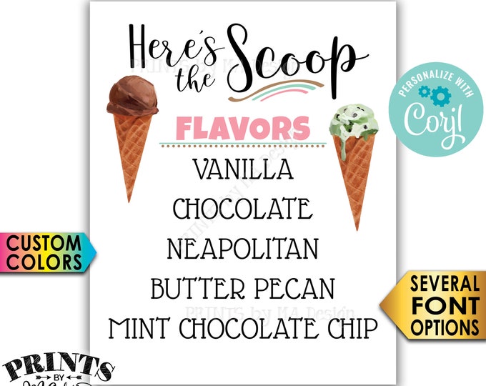 Ice Cream Flavors Sign, Here's the Scoop Ice Cream Bar, PRINTABLE 8x10/16x20” Ice Cream Sign <Edit Yourself with Corjl>