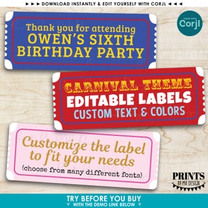 Editable Carnival Ticket themed Labels, Address Labels, One Custom PRINTABLE 1x2-5/8 Label, Avery 8160 Labels Edit Yourself with Corjl image 3