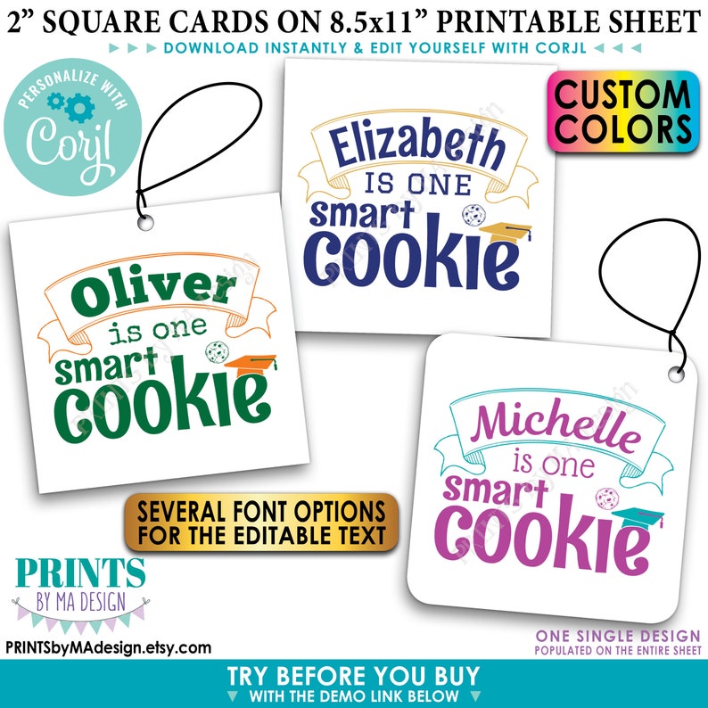 One Smart Cookie Tags/Cards/Labels, Graduation Party Favors, Custom 2" Squares on a 8.5x11" Digital PRINTABLE File <Edit Yourself w/Corjl> image 1