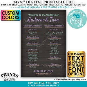 Puede incluir: Una plantilla de programa de ceremonia de boda imprimible con un fondo de pizarra. El programa presenta los nombres Andrew & Tara, la fecha de la boda y una lista de los miembros de la fiesta nupcial. El texto está en fuente blanca con un color de acento morado y turquesa. La plantilla es personalizable con Corjl.