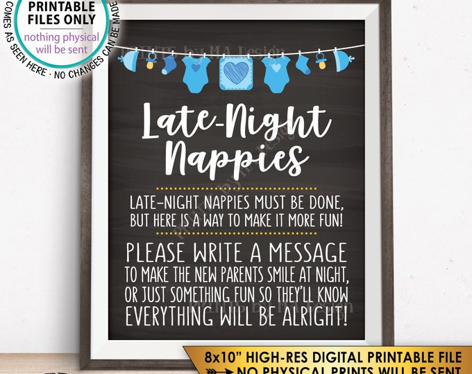 Late Night Nappy Sign, Baby Shower Game Late-Night Nappies Sign the Nappy Thoughts, Boy, Blue, 8x10” Chalkboard Style PRINTABLE sign <ID>