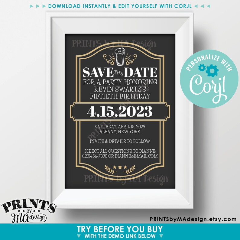 Cheers and Beers Birthday Party Save the Date, Beer Themed Birthday, PRINTABLE 5x7 Save the Date, Gold Edit Yourself with Corjl image 2