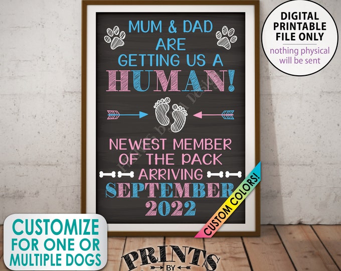 Dog Pregnancy Announcement, Mum & Dad are Getting a Human, Newest Member of the Pack, Custom Chalkboard Style PRINTABLE A1 Baby Reveal Sign