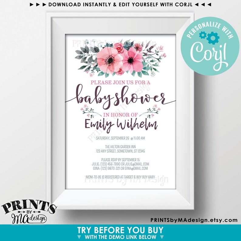 May include: A pink and green floral baby shower invitation with the text "Please join us for a baby shower in honor of Emily Wilhelm". The invitation includes the date, time, and location of the event, as well as RSVP information.