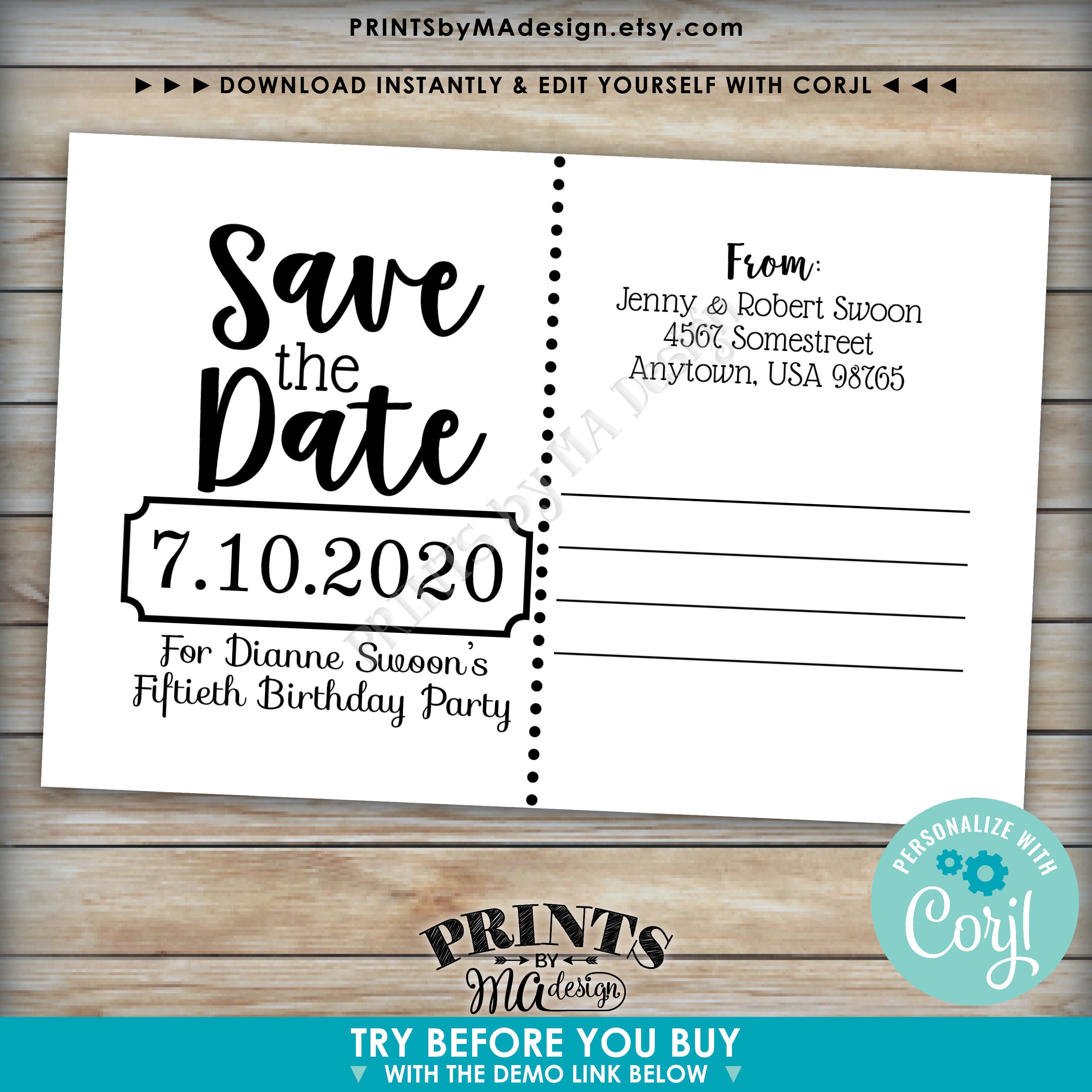 Save the Date Postcard for Any Celebration, Postcard Back Side, Custom PRINTABLE 4x6 Save the