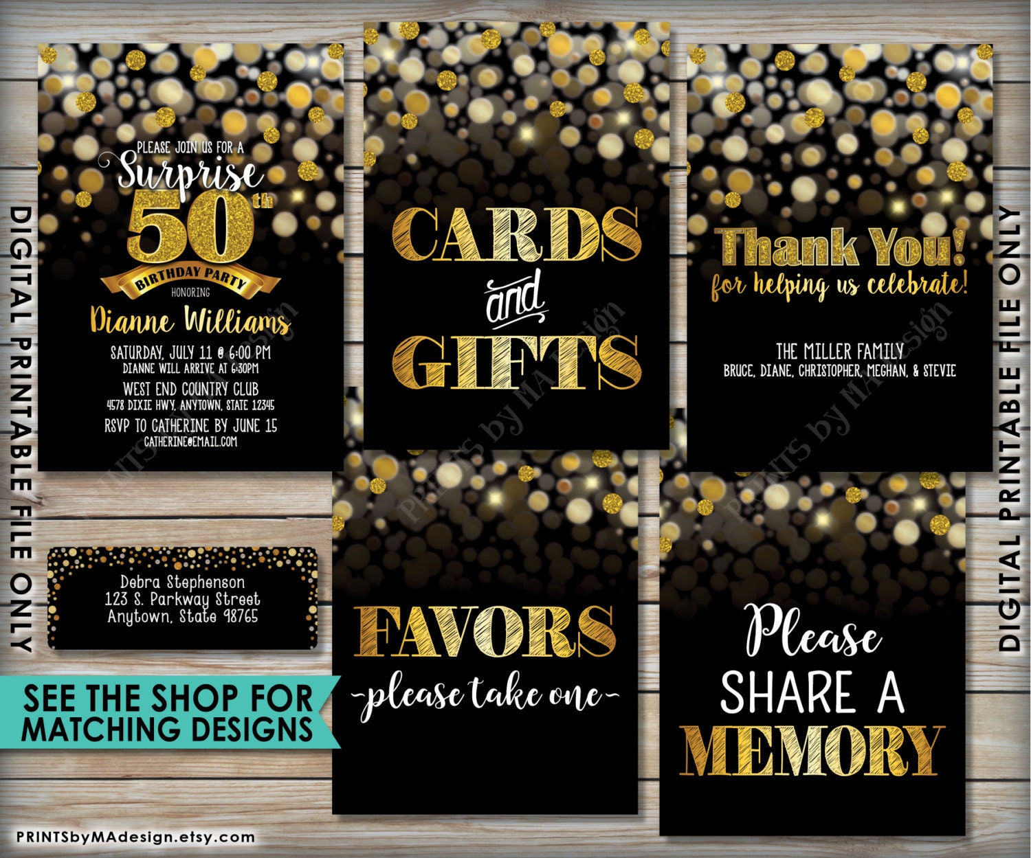 50th Birthday Card Black & Gold Glitter 50th B-day Golden Bokeh, Turning  Fifty Birthday Card, 5x7 Digital PRINTABLE File