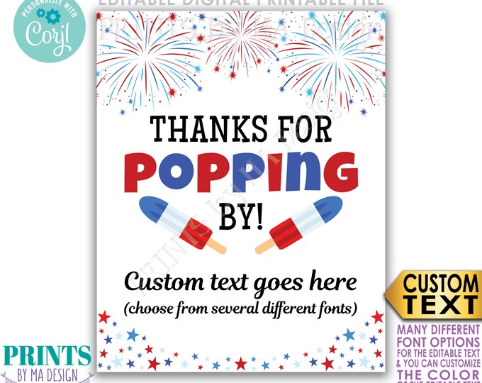 Thanks for Popping By Editable Patriotic Ice Pops Sign, 4th of July Fireworks, Memorial Day, PRINTABLE 16x20” Sign <Edit Yourself w/Corjl>