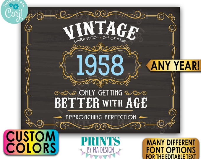 Vintage Better with Age Birthday Party, Custom Year & Colors, PRINTABLE Chalkboard Style 8x10/16x20” Landscape Sign <Edit Yourself w/Corjl>