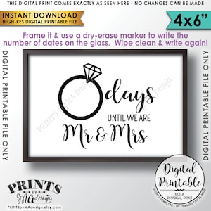 Wedding Countdown Sign, Days until we are Mr & Mrs, Wedding Ring Countdown to Wedding, Bridal Shower, PRINTABLE 4x6” Digital File &lt;ID&gt;