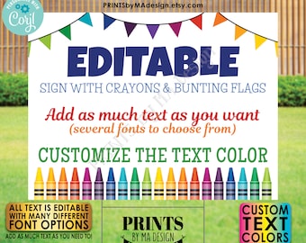 Editable Sign with Colorful Crayons & Bunting Flags, Custom PRINTABLE 18x24” Landscape Sign, Crayon Decor <Edit Yourself w/Corjl>