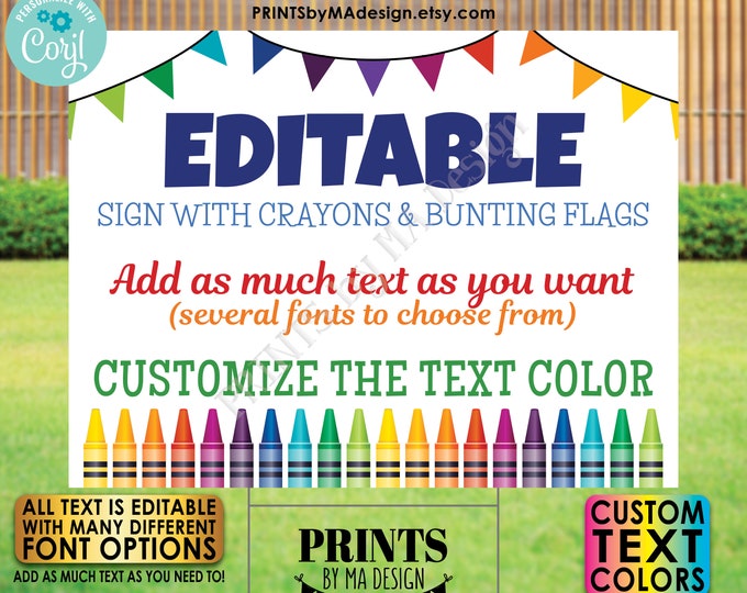 Editable Sign with Colorful Crayons & Bunting Flags, Custom PRINTABLE 18x24” Landscape Sign, Crayon Decor <Edit Yourself w/Corjl>