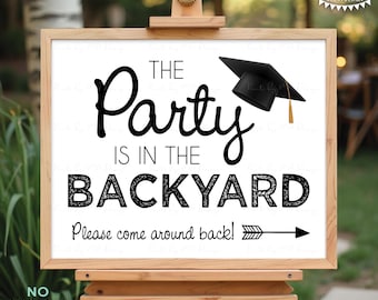 Graduation Party is in the Backyard Please Come Around Back, Arrow Pointing Right, Back Yard Celebration, PRINTABLE 8x10/16x20” Sign <ID>