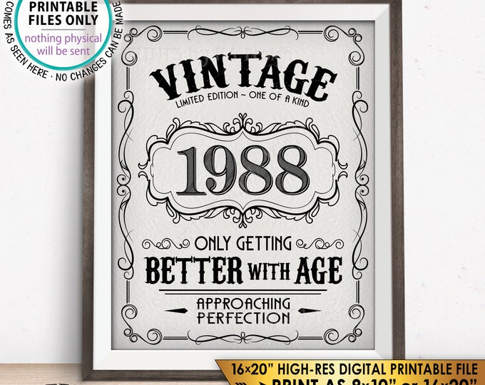 1988 Birthday Sign, Better with Age Vintage Birthday Poster, Aged to Perfection Textured Style PRINTABLE 8x10/16x20” Instant Download Sign