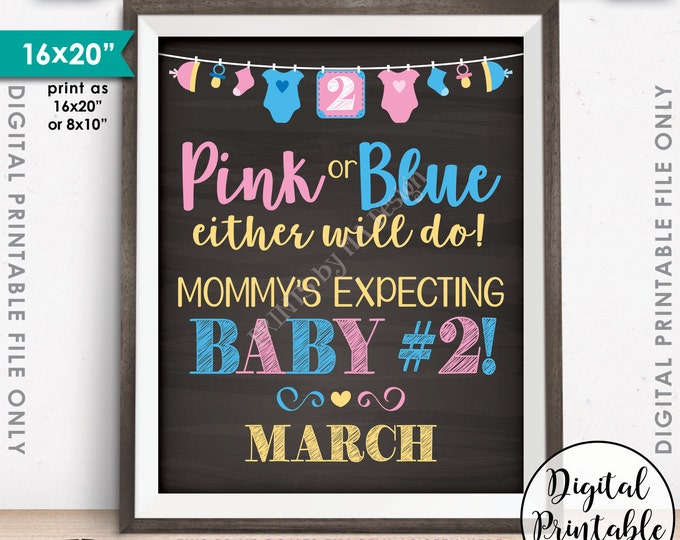 Pregnancy Announcement Pink or Blue Either Will Do Baby Number 2, Baby #2 due in MARCH Dated Chalkboard Style PRINTABLE Reveal Sign <ID>