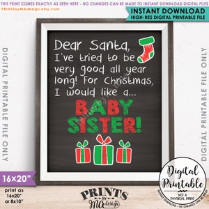 Anuncio de embarazo de Navidad, lista de deseos de Navidad para un signo de revelación de género de hermana bebé, signo de estilo pizarra IMPRIMIBLE 8x10/16x20" <ID>