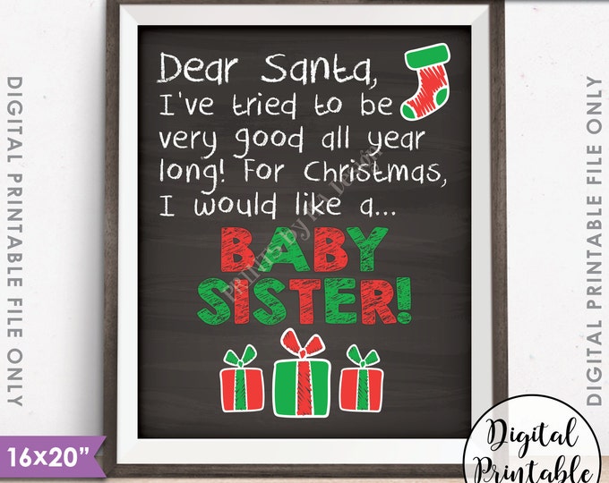 Christmas Pregnancy Announcement, X-mas Wish List for a Baby Sister Gender Reveal Sign, PRINTABLE 8x10/16x20” Chalkboard Style Sign <ID>