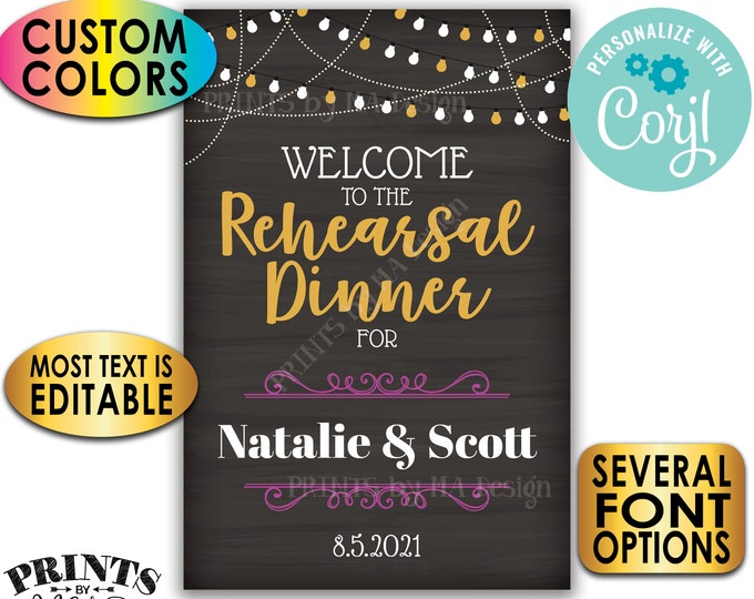 Rehearsal Dinner Sign, Lights at the Top, Custom PRINTABLE 24x36” Chalkboard Style Rehearsal Decoration <Edit Yourself with Corjl>