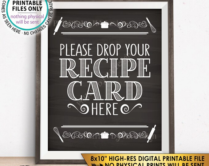 Drop your Recipe Card Here Sign, Recipe Card Drop-off, Wedding Bridal Shower Activity, PRINTABLE 8x10” Chalkboard Style Instant Download
