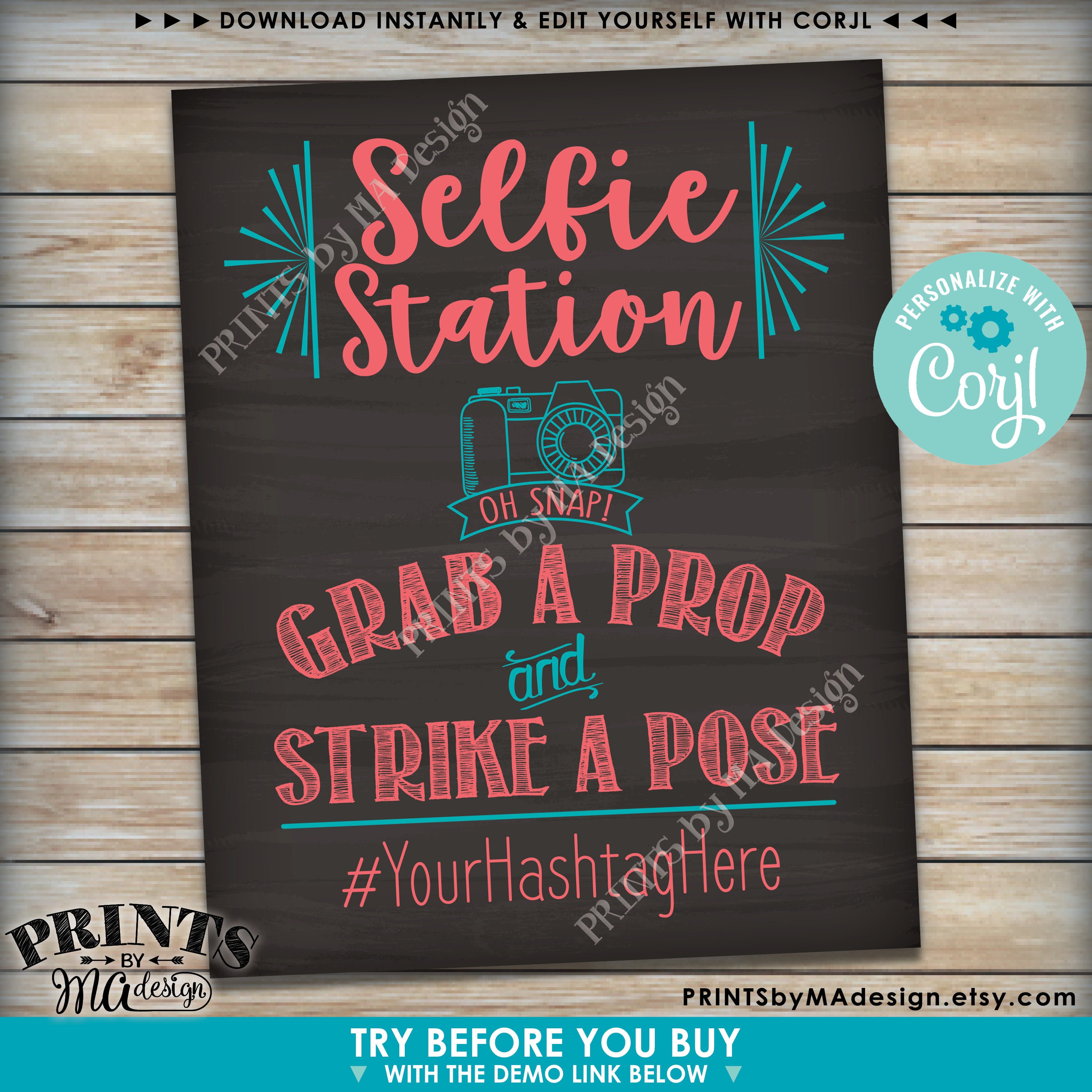 Editable Selfie Station Sign, Share Pics on Social Media, PRINTABLE 8x10/16x20” Chalkboard Style ...