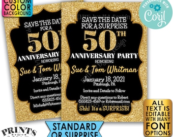Gold Glitter Anniversary Party Save the Date, Surprise or Standard Invite, Custom PRINTABLE 5x7" Digital File <Edit Yourself with Corjl>