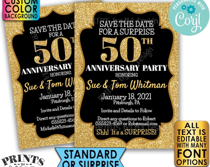 Gold Glitter Anniversary Party Save the Date, Surprise or Standard Invite, Custom PRINTABLE 5x7" Digital File <Edit Yourself with Corjl>