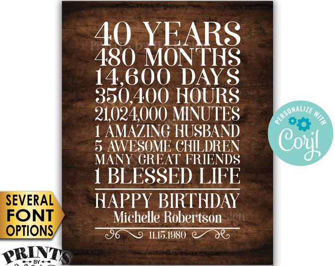 40th Birthday Gift for a Woman, 40 Years, One Blessed Life, Custom PRINTABLE 8x10/16x20” Rustic Wood Style Sign <Edit Yourself with Corjl>