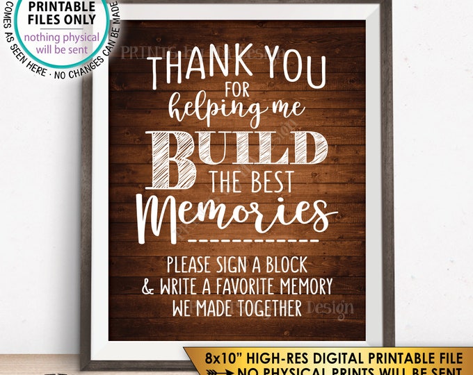 Sign a Block Retirement Party Sign, Thank You for Helping Me Build Memories, Graduation, PRINTABLE 8x10” Rustic Wood Style Instant Download
