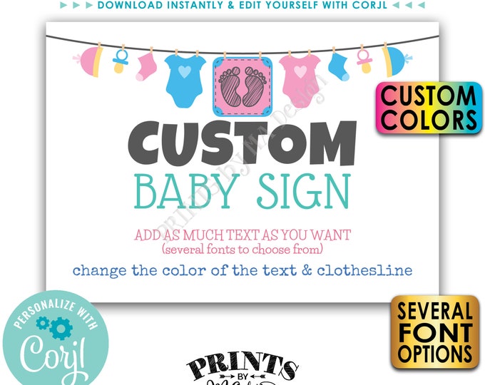 Custom Baby Shower Sign, Choose Your Text & Colors, Baby Clothesline, 1 PRINTABLE 5x7” Landscape Poster <Edit Yourself with Corjl>