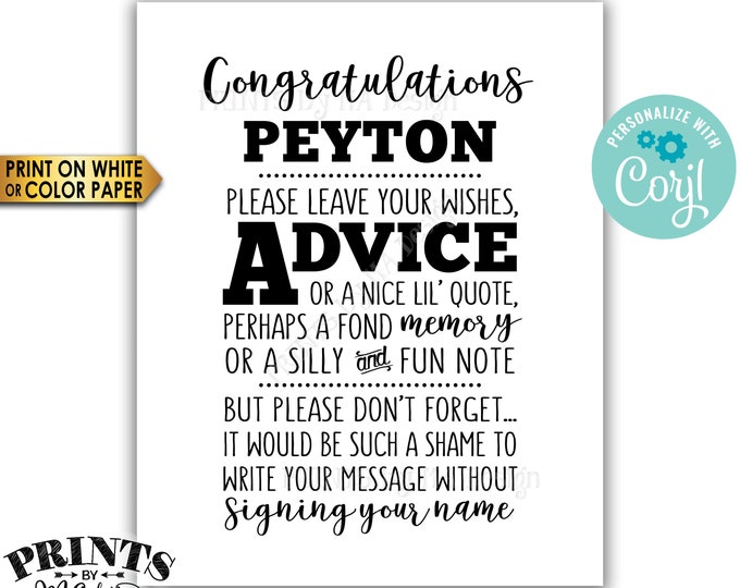 Congratulations Sign, Please leave your Advice Wish Memory Message, Graduation Party Decor, PRINTABLE 8x10” Sign <Edit Yourself with Corjl>