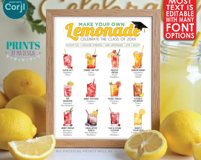 Editable Graduation Lemonade Menu Sign, DIY Drink Station, Custom Text, PRINTABLE 8x10/16x20” Beverage Sign <Edit Yourself with Corjl>