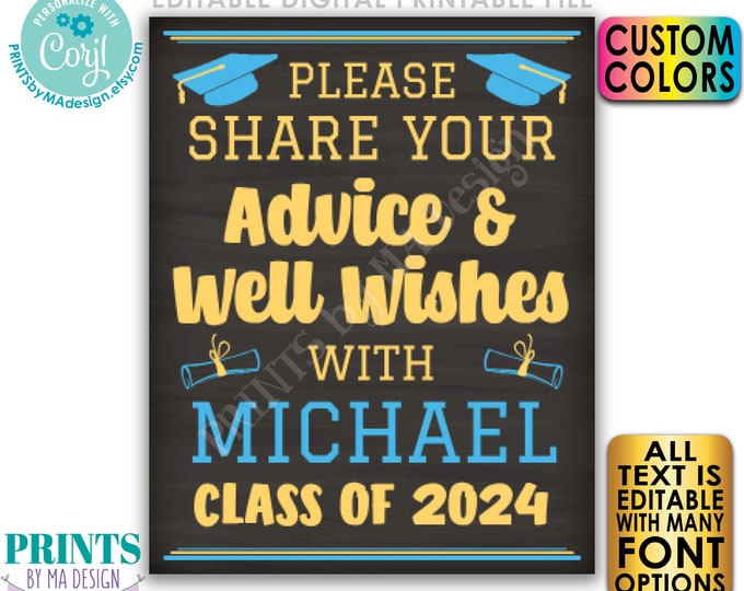 Advice and Well Wishes Graduation Decoration, High School College, PRINTABLE 16x20” Chalkboard Style Grad Party Sign <Edit Yourself w/Corjl>