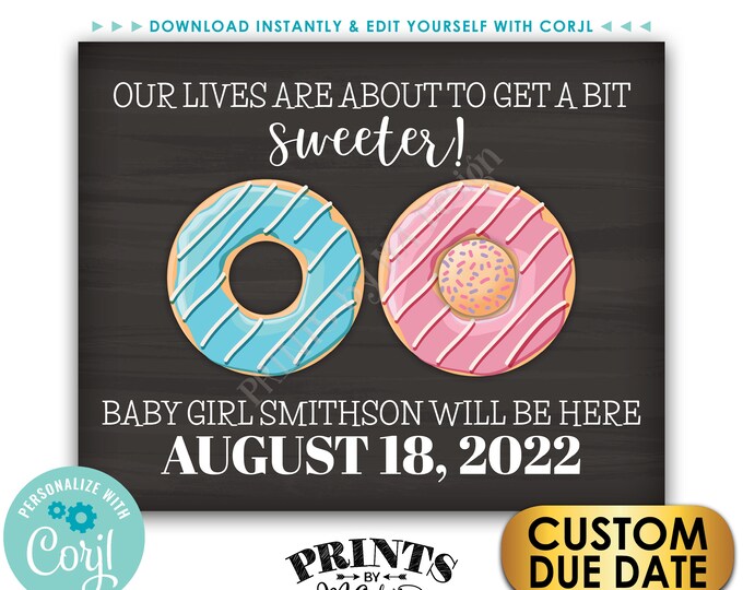 It's a GIRL Donut Pregnancy Announcement Sign, PRINTABLE Chalkboard Style 8x10/16x20” Gender Reveal Sign <Edit Yourself with Corjl>