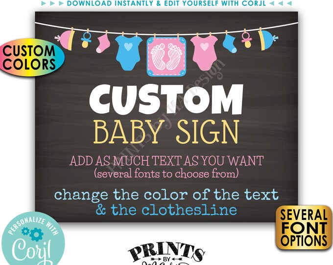 Custom Baby Theme Chalkboard Style Baby Shower Sign, Choose Your Text, 1 PRINTABLE 8x10/16x20” Landscape Poster <Edit Yourself with Corjl>