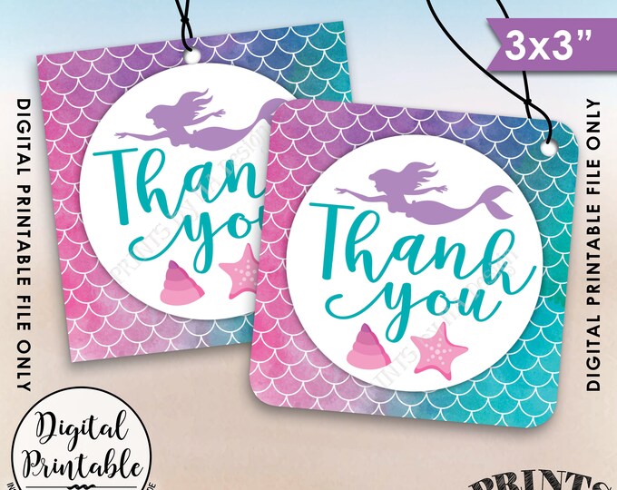 Mermaid Party Thank You Tags, Birthday Party, Under the Sea Watercolor Style Thank You Tag, 3x3" tags on 8.5x11" Printable Instant Download