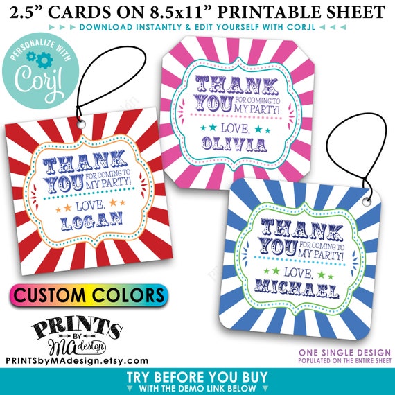 Carnival Birthday Thank You Tags, Circus Themed Party, Custom 2.5