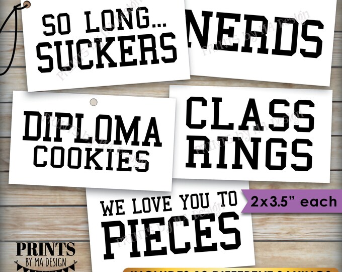 Graduation Party Candy Signs, Candy Bar, Candy Buffet, Smartie Cookie Class Ring Nerds Worms, 2x3.5" cards on PRINTABLE 8.5x11" Sheet <ID>