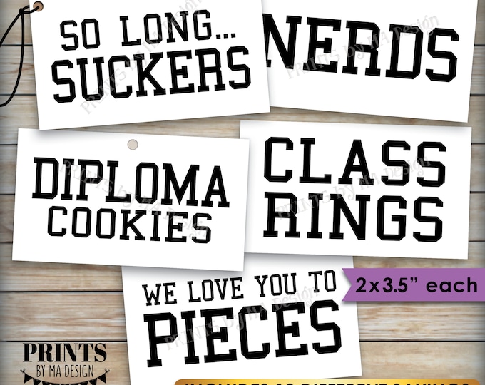 Graduation Party Candy Signs, Candy Bar, Candy Buffet, Smartie Cookie Class Ring Nerds Worms, 2x3.5" cards on PRINTABLE 8.5x11" Sheet <ID>