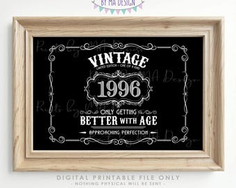 1996 Birthday Sign, Better with Age Vintage Birthday Poster, Whiskey/Liquor Theme, Black & White PRINTABLE 24x36” Landscape 1996 Sign <ID>