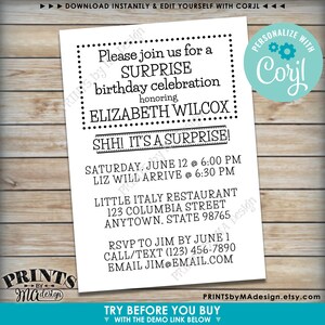 Op de afbeelding: Een witte printbare uitnodiging met zwarte tekst voor een verrassingsverjaardagsfeest voor Elizabeth Wilcox. De uitnodiging bevat de datum, tijd en locatie van het feest, evenals een verzoek om RSVP aan Jim v&oacute;&oacute;r 1 juni.