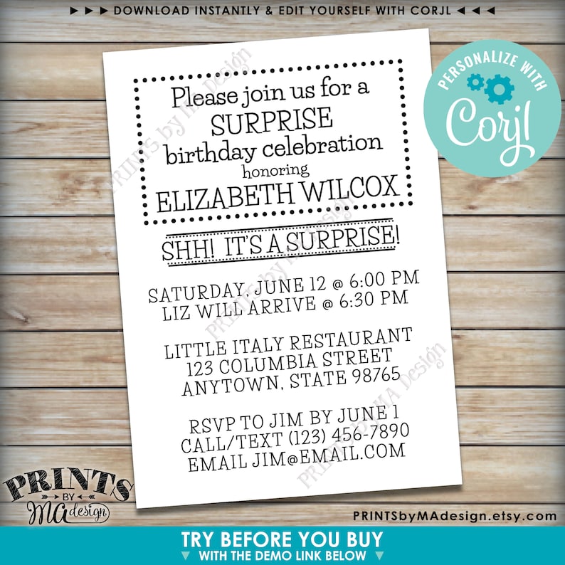 Op de afbeelding: Een witte printbare uitnodiging met zwarte tekst voor een verrassingsverjaardagsfeest voor Elizabeth Wilcox. De uitnodiging bevat de datum, tijd en locatie van het feest, evenals een verzoek om RSVP aan Jim v&oacute;&oacute;r 1 juni.