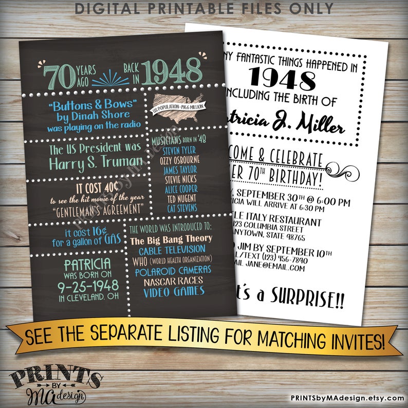 Custom PRINTABLE 16x20\u201d Back in 1948 B-day Sign Remember 1948 Birthday Party Poster 1948 Birthday Flashback Poster