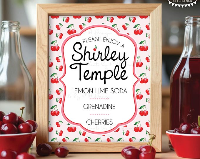 Shirley Temple Sign, Signature Drink Cherry Mocktail, Non-Alcoholic Bar Menu, PRINTABLE 8x10/16x20” Sign, Cute Cherries Design <ID>