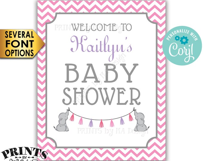 Elephant Baby Shower Welcome Sign, It's a Girl Pink Chevron, PRINTABLE 16x20” Baby Shower Sign <Edit Yourself with Corjl>
