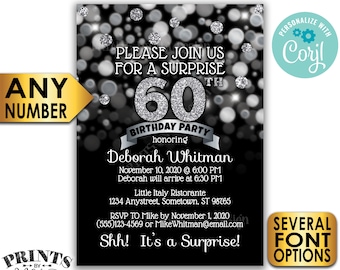 Surprise Birthday Party Invitation, Any Birthday, Black & Silver Glitter PRINTABLE 5x7" Surprise Bday Invite Card <Edit Yourself with Corjl>
