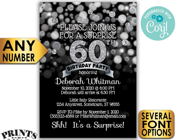 Surprise Birthday Party Invitation, Any Birthday, Black & Silver Glitter PRINTABLE 5x7" Surprise Bday Invite Card <Edit Yourself with Corjl>