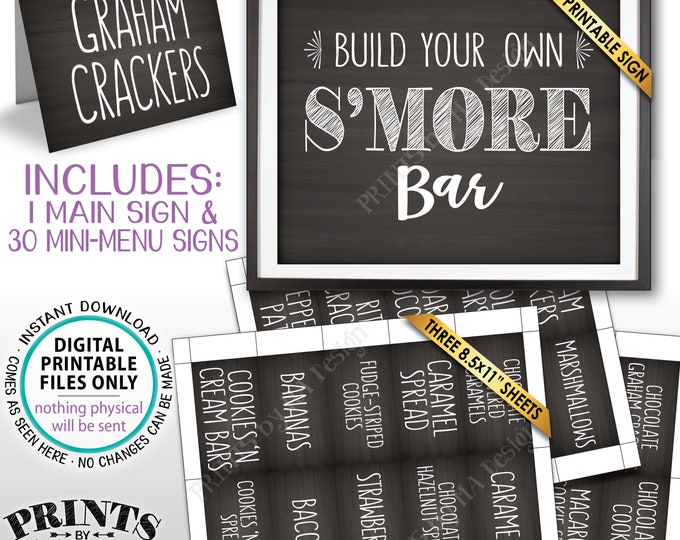 S'more Bar Sign and Labels, Build Your Own S'mores, Party Smore Station Signs, Smore Bar, PRINTABLE Chalkboard Style Sign & Labels <ID>