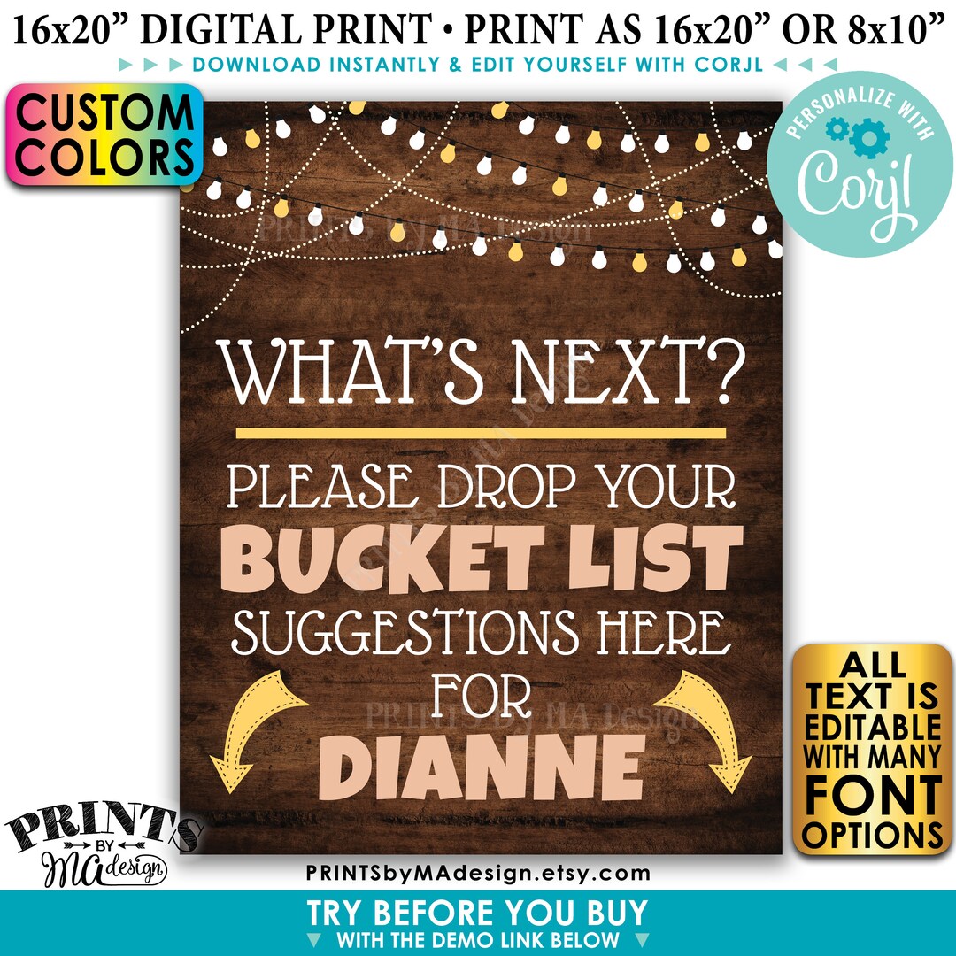 Editable Bucket List Sign, Custom PRINTABLE 8x10/16x20” Rustic Wood ...