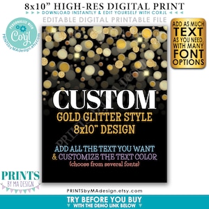 Letrero personalizado en negro y dorado, Bokeh de brillo dorado, elija su texto Letrero de retrato IMPRIMIBLE de 8x10" <Edite usted mismo con Corjl>