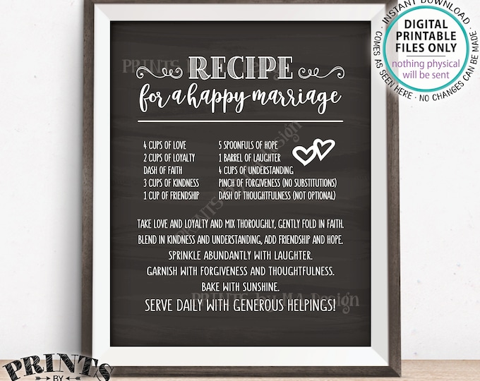 Recipe for a Happy Marriage Sign, Key to a Happy Marriage, Funny, Marriage Advice, PRINTABLE 8x10/16x20” Chalkboard Style Wedding Sign <ID>